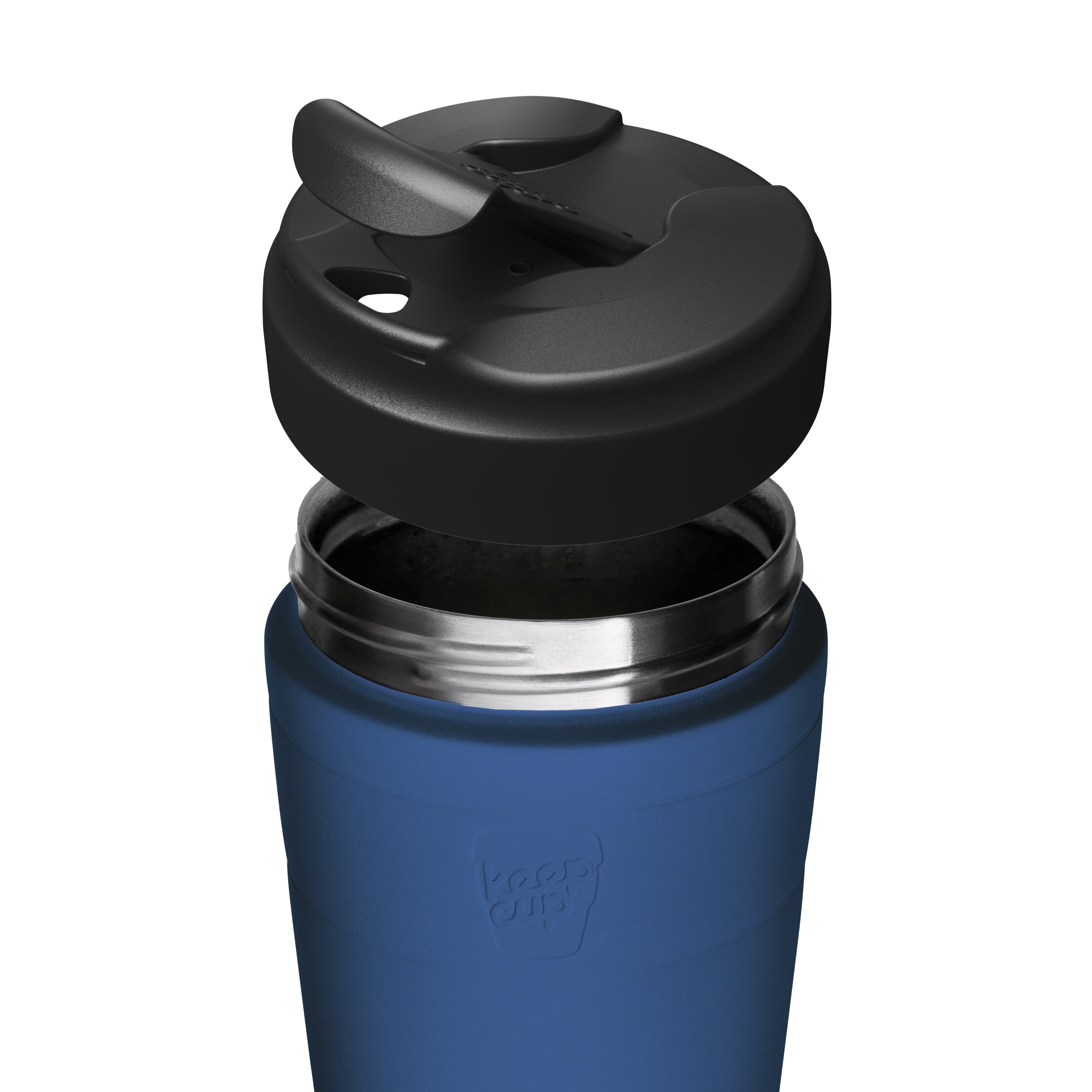Close-up of a blue KeepCup insulated travel mug with a black flip lid, shown on a plain white background.