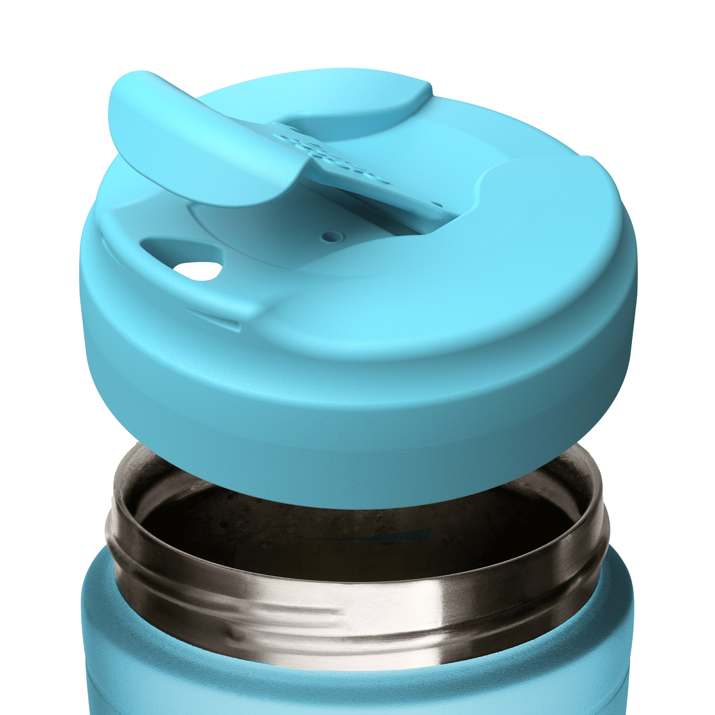 A light blue insulated KeepCup travel mug with a matching flip lid, shown with the lid partially removed to reveal the stainless steel interior.