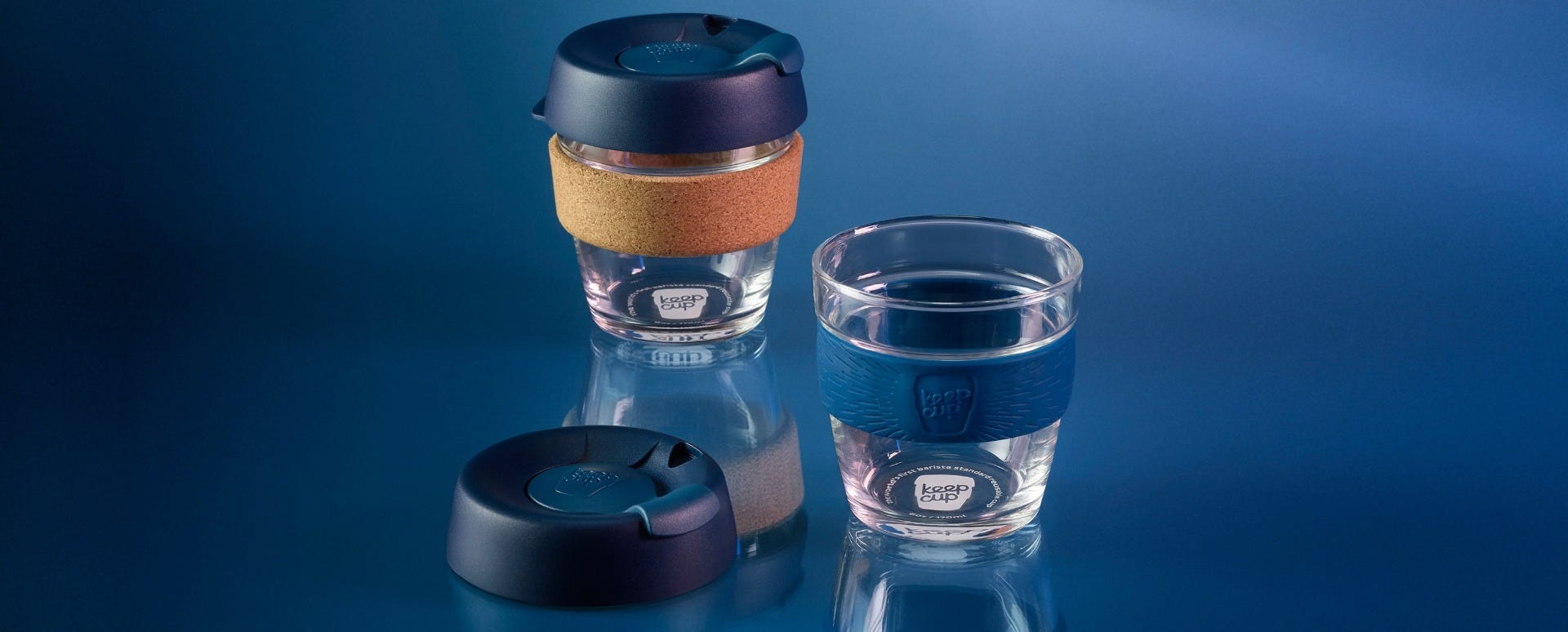 KeepCup Brew Glass 6oz on blue background