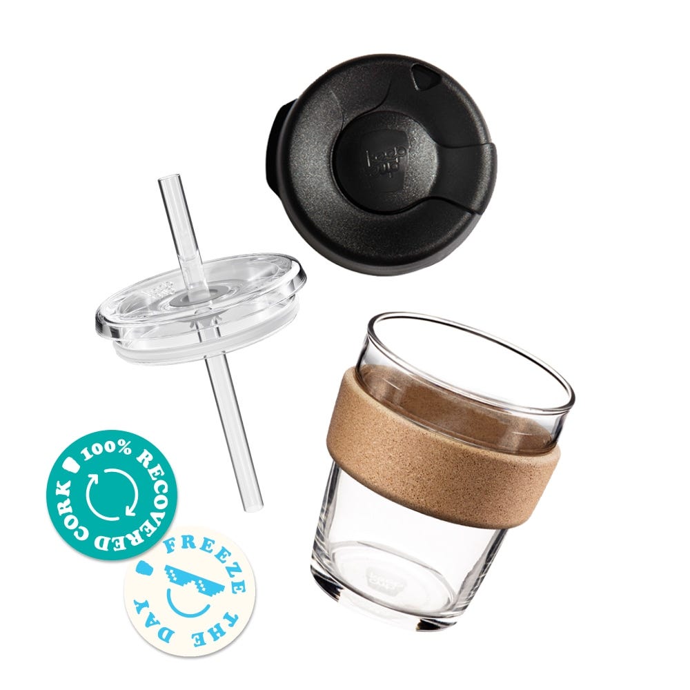 Sip & Chill Brew Cork Components. Glass Cup, Cork band, straw lid
